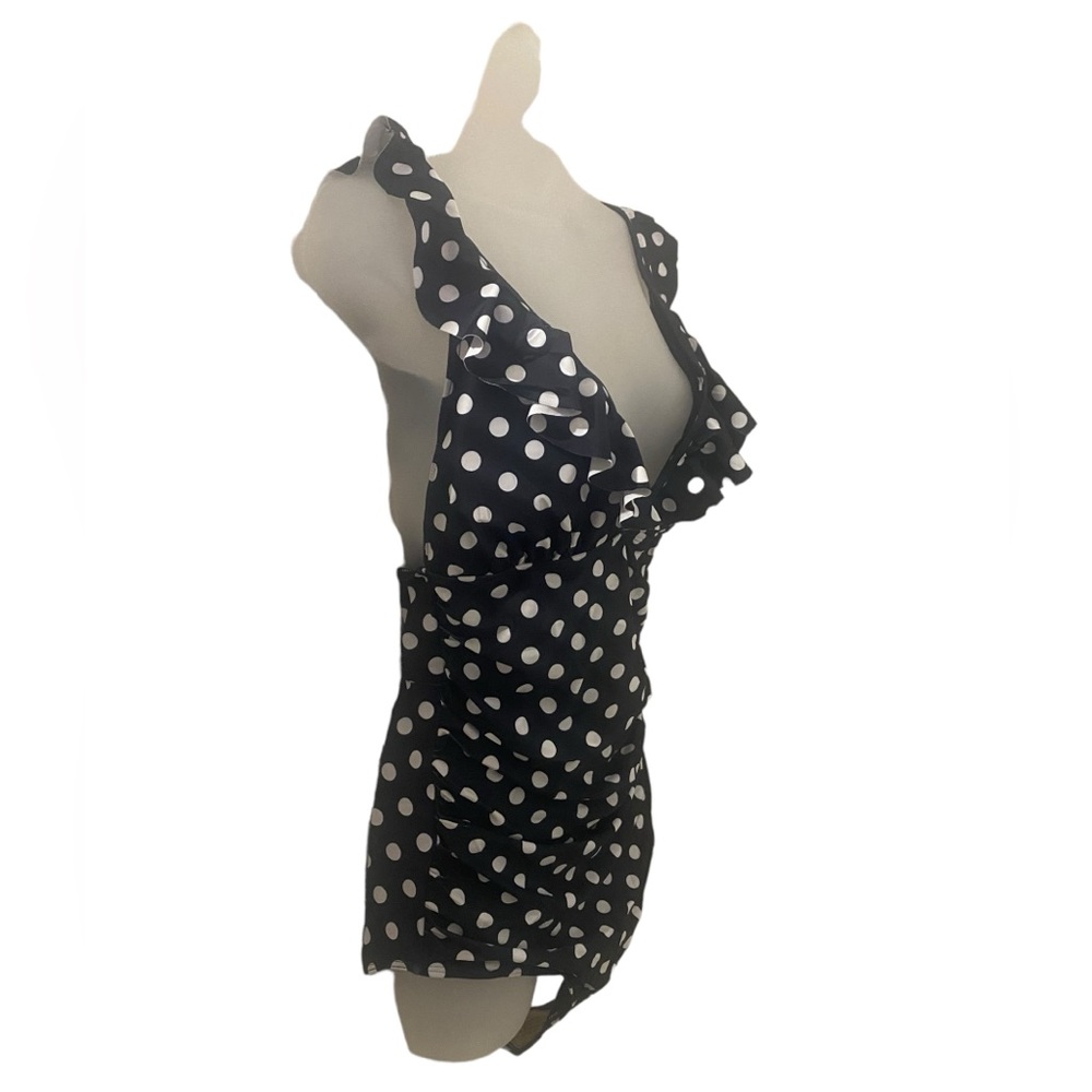 Ruffle lace up back Slimming Ruffle Black and White Polka Dot Swimsuit - Picture 2 of 8